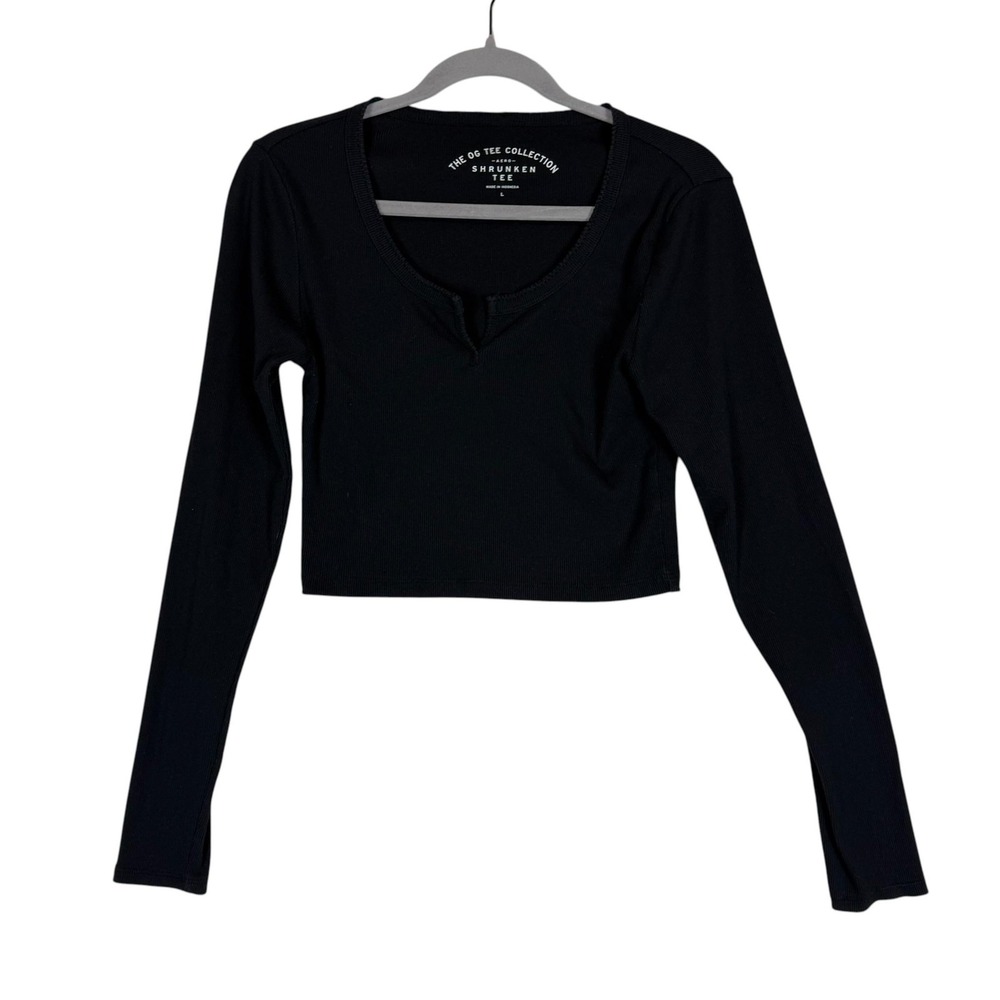 Aero Shirt Juniors Large Black Scoop Neck Long Sleeve Ribbed Cropped Stretch Tee